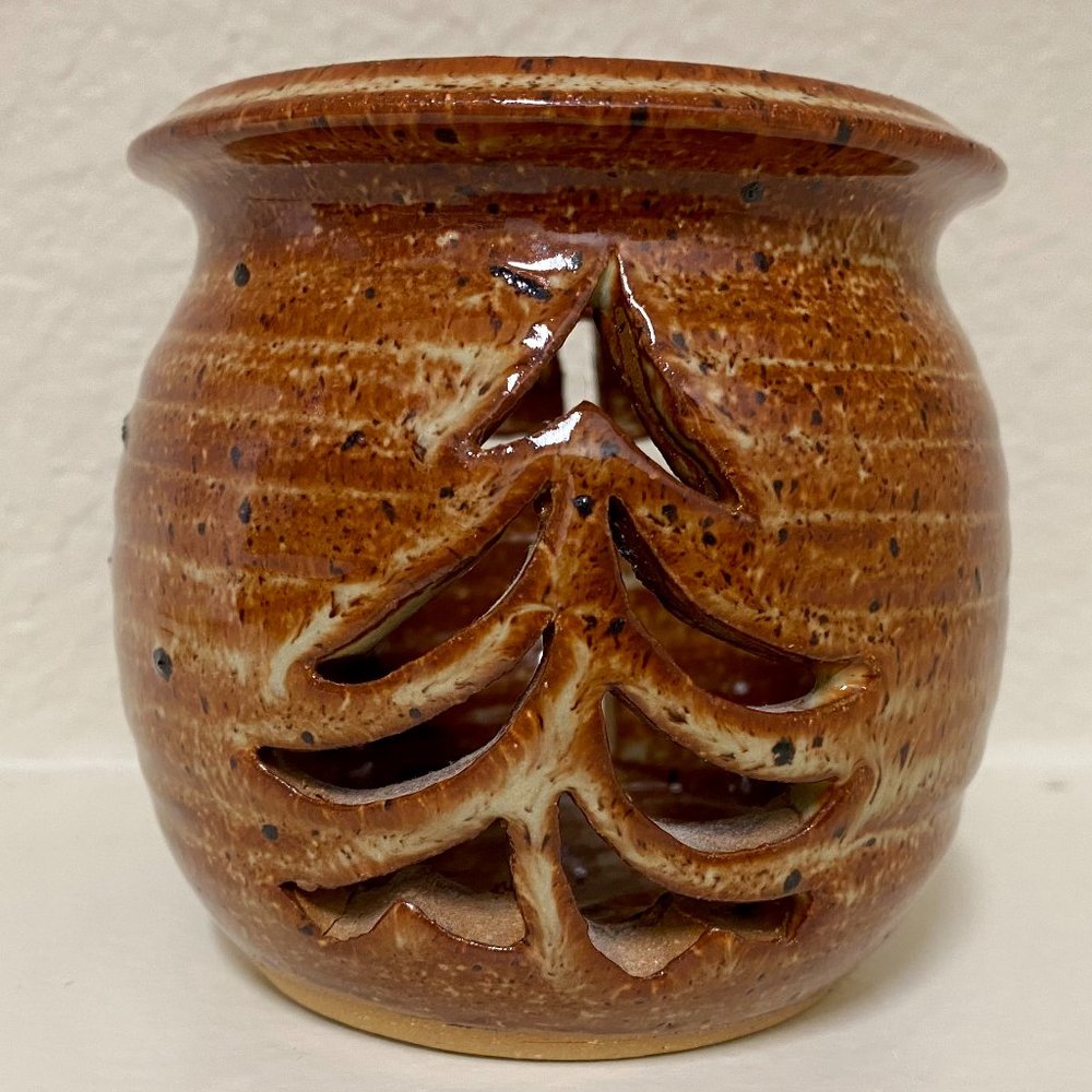 Pottery Votive Holder by M Kent with Tree and Cross Cutouts